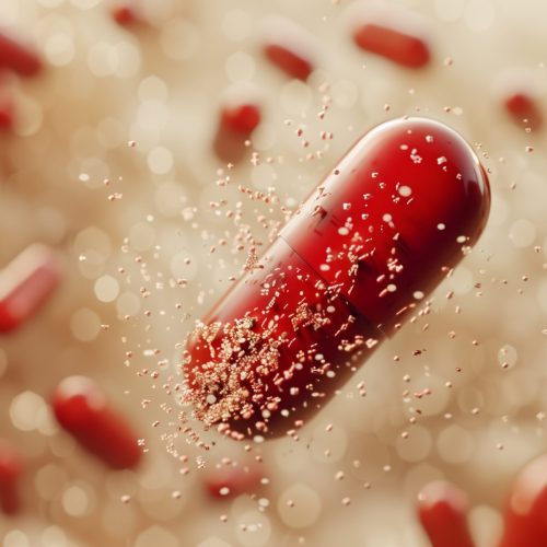 Floating Red Capsule Surrounded by Sparkling Particles in Bright Environment A vibrant red capsule hovers in mid-air, surrounded by glimmering particles that resemble sparkling dust. The background is a soft, inviting blur, creating a dynamic visual effect that emphasizes the capsule's prominence. This setup captures the essence of pharmaceutical innovation and health.